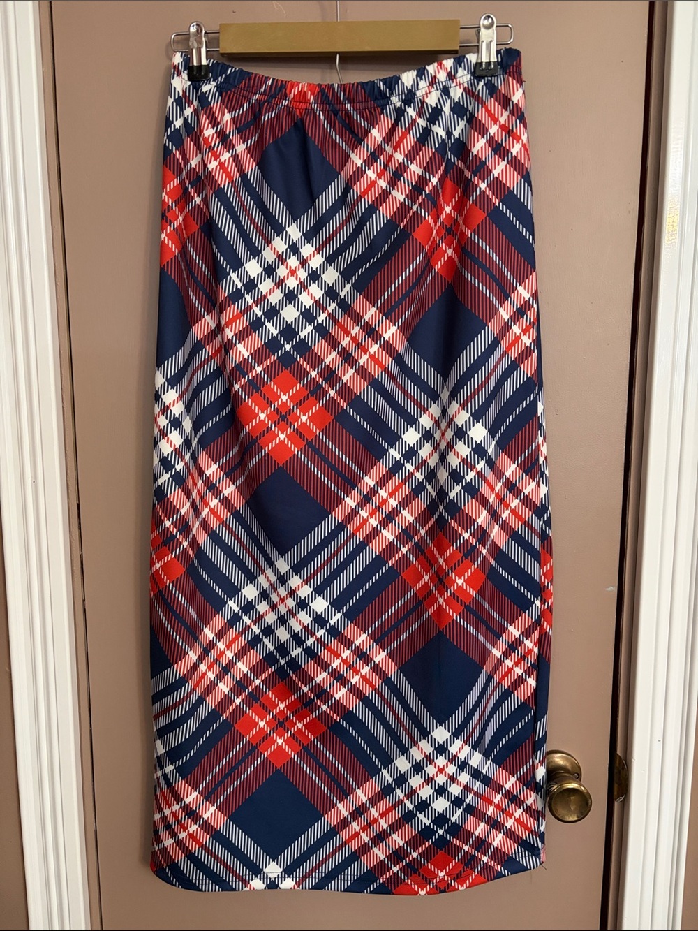 Plaid Midi Skirt in Navy, Red & White